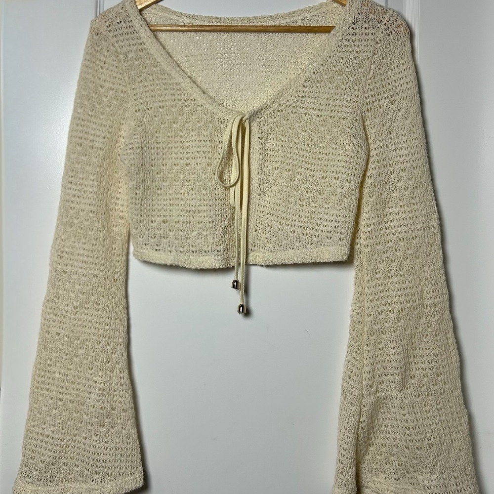 Crochet Cream Cropped Tie Front Bell Sleeve Cardigan 70s Boho Festival Style